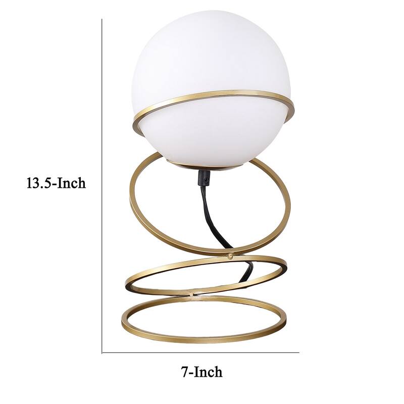 Table Lamp, White Glass Globe, 4 Spiral Ring Accented Base 14 Inch