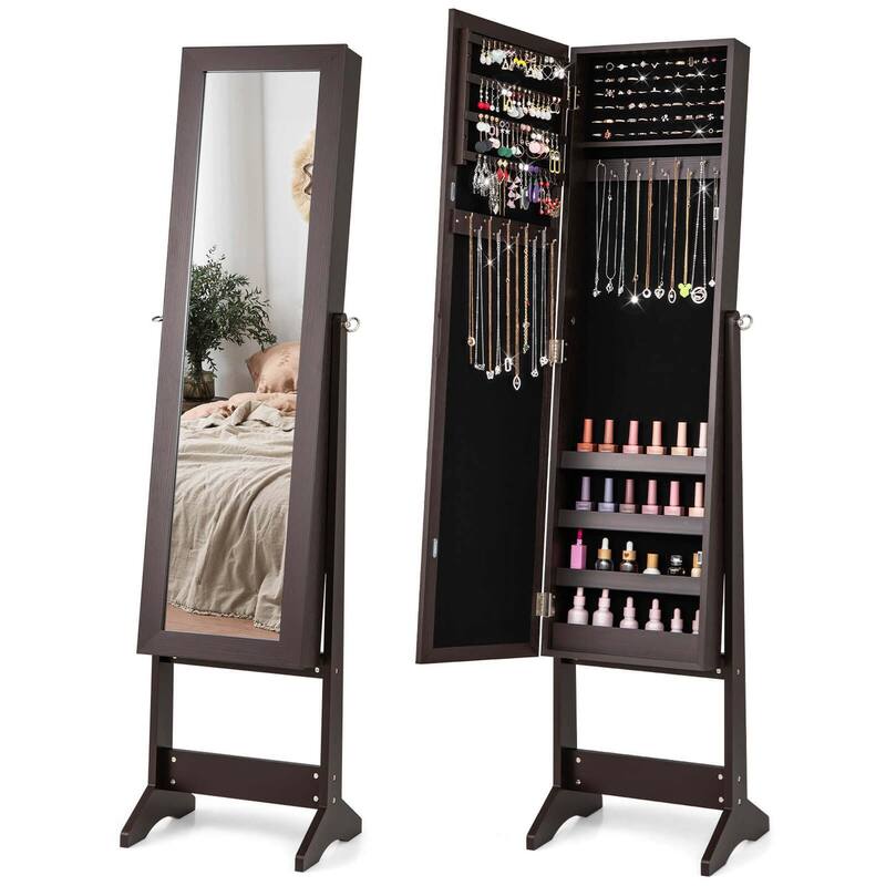 Standing Jewelry Organizer Jewelry Armoire Cabinet w/ Mirror - Coffee
