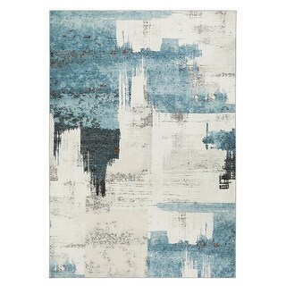 Abstract Beige Blue Area Rug, Stain Resistant Washable Floor Mat - Bed ...