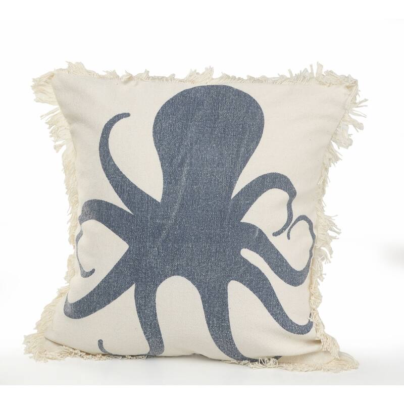 18" Navy Blue and White Octopus Fringe Coastal Throw Pillow