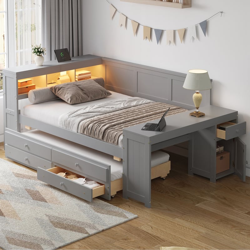 Full Size Daybed with Storage Shelves,Drawers,Trundle,Charging Station,LED Light