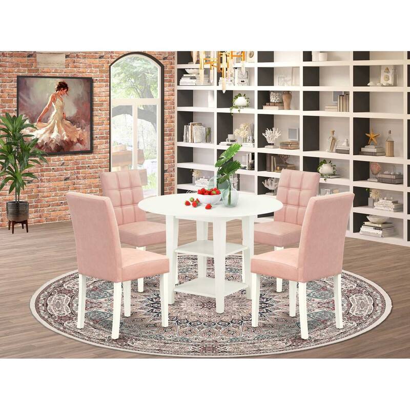5-Piece Linen White Finish Solid Wood Top - Round Dining Room Set - Seats 4