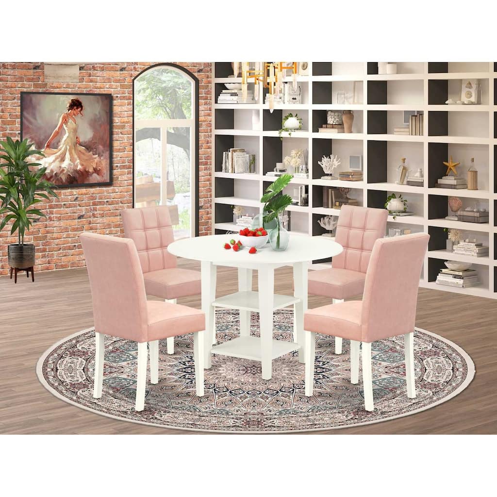 5-Piece Linen White Finish Solid Wood Top - Round Dining Room Set - Seats 4