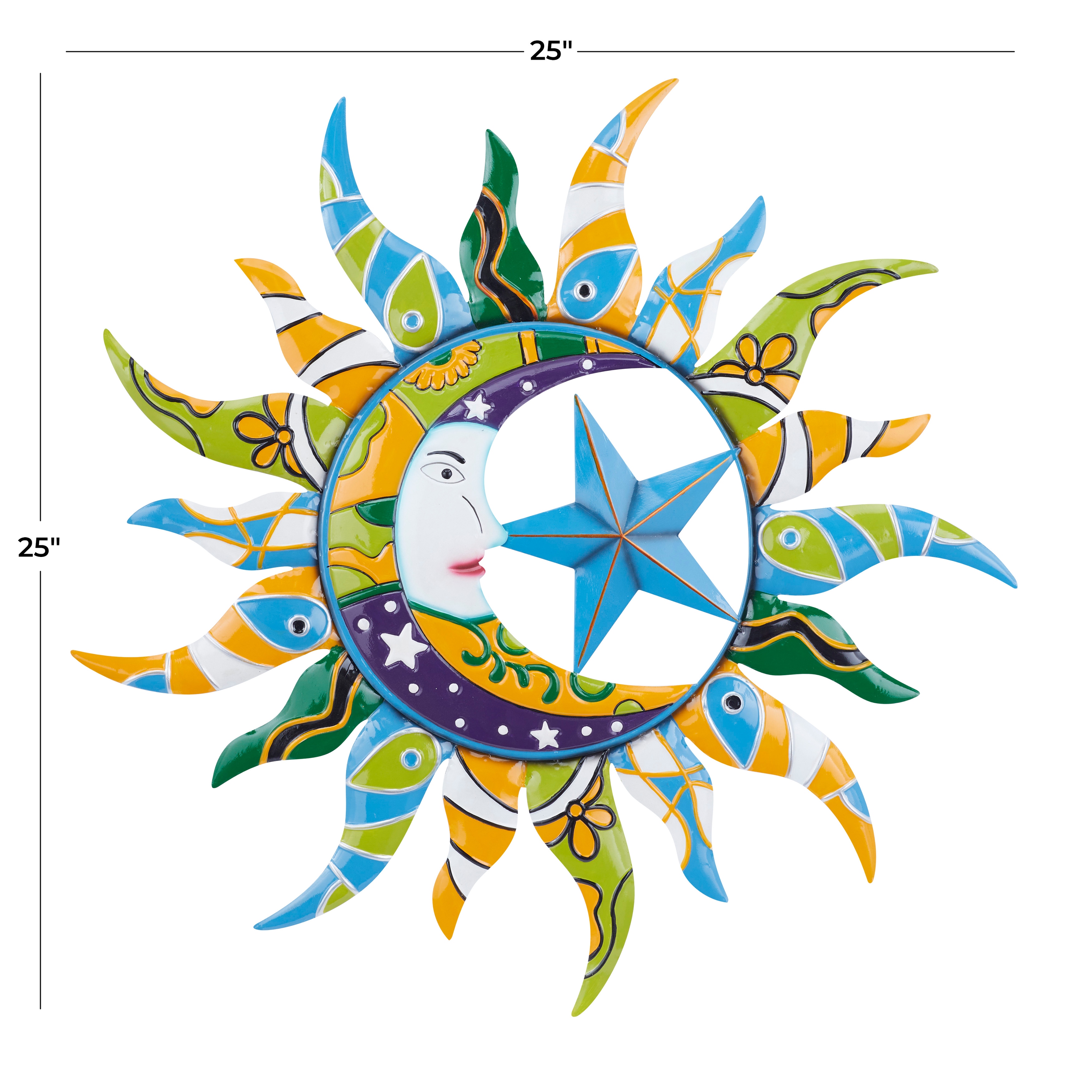 Multi Color Metal Eclectic Whimsical Celestial Sun Art Wall Sculpture