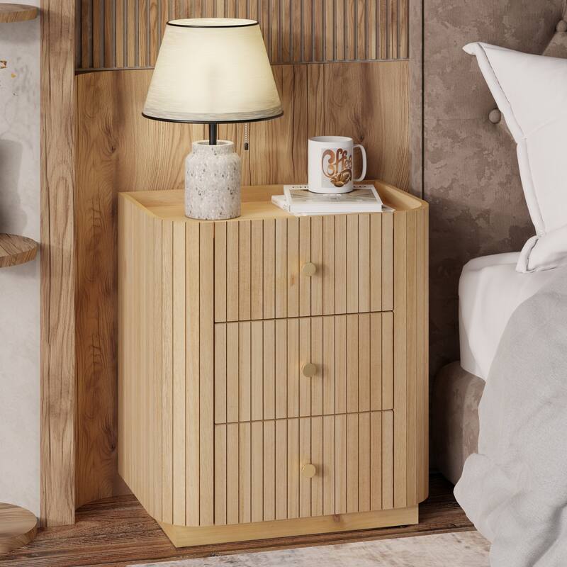 COZAYH Modern Farmhouse 3-Drawer Nightstand with Vertical Wood Slats, Curved Edge, Metal Handles, Tray Top. Fully Assembled