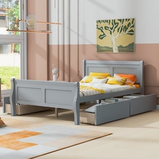 Curved Legs Design Platform Bed Frame with 4 Drawers, Full Size, Grey