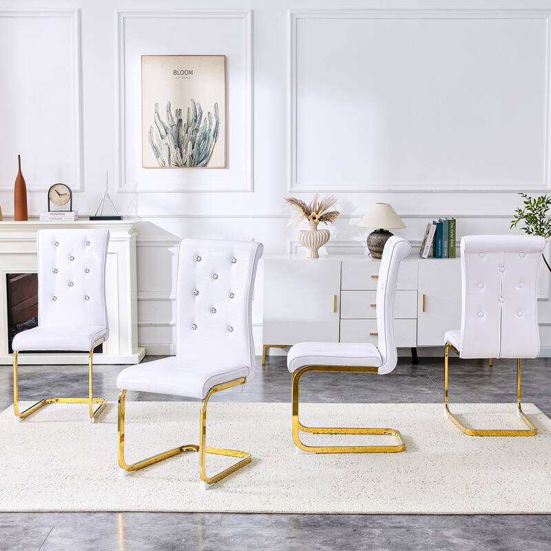 Set of 4, Retro Faux Alligator Skin Upholstered Dining Chairs, with Crystal Buckle Design and Faux Leather Design