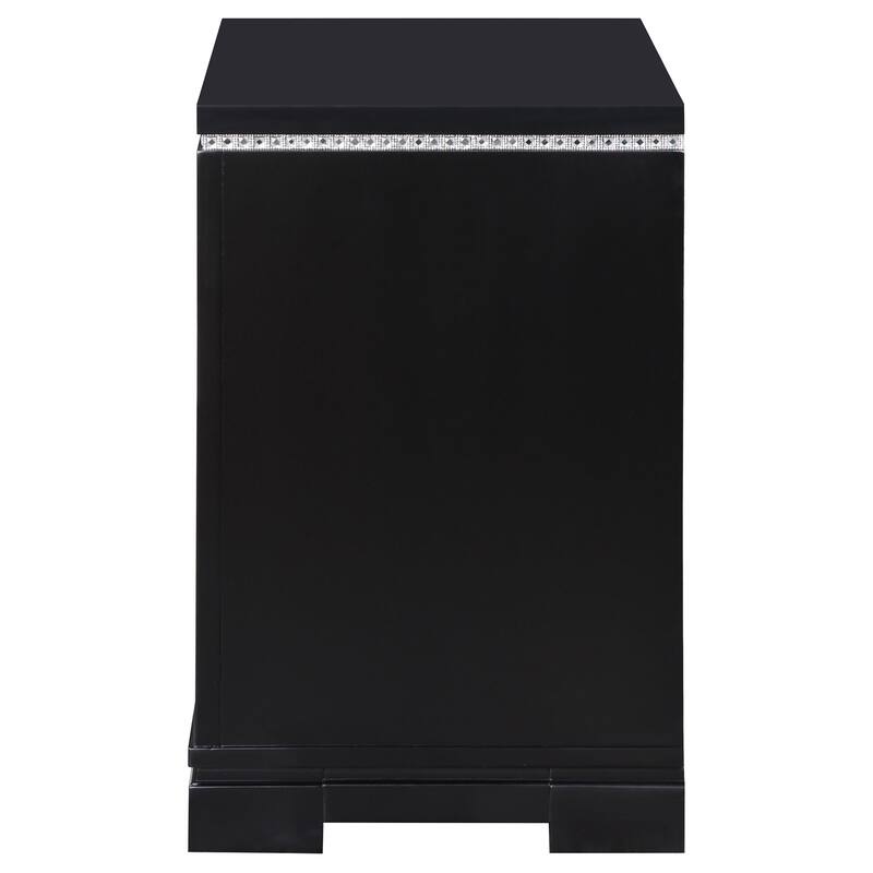 Glam Black 2-Drawer Nightstand with Mirrored Trim, Crystal Border, Felt Lined Drawer and USB Charging Ports