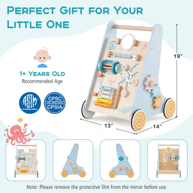Wooden Baby Walker Push and Pull Learning Activity Center with Wheels-Blue - Multi