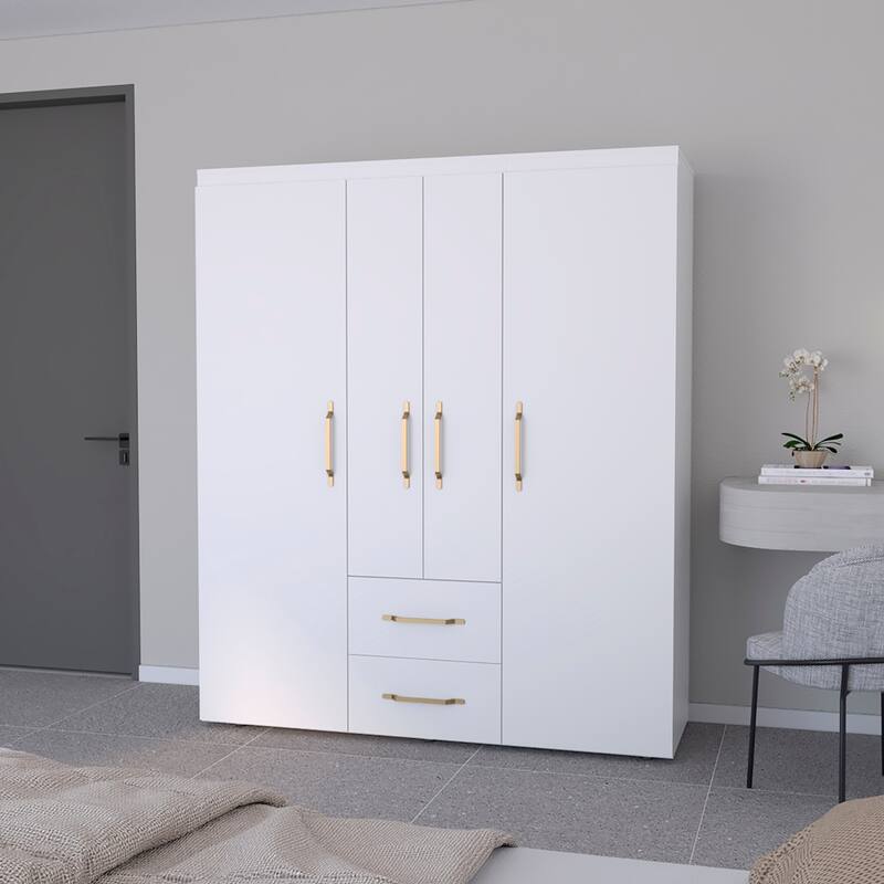19.8" Modern Four-door Armoire with Hanging Rod, Two Spacious Drawers and Three Shelves