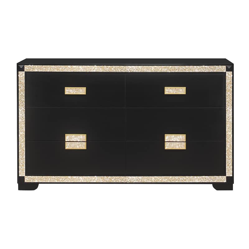 HomeRoots 62" Black And Gold Faux Crystal Bling Wood Six Drawer Double Dresser
