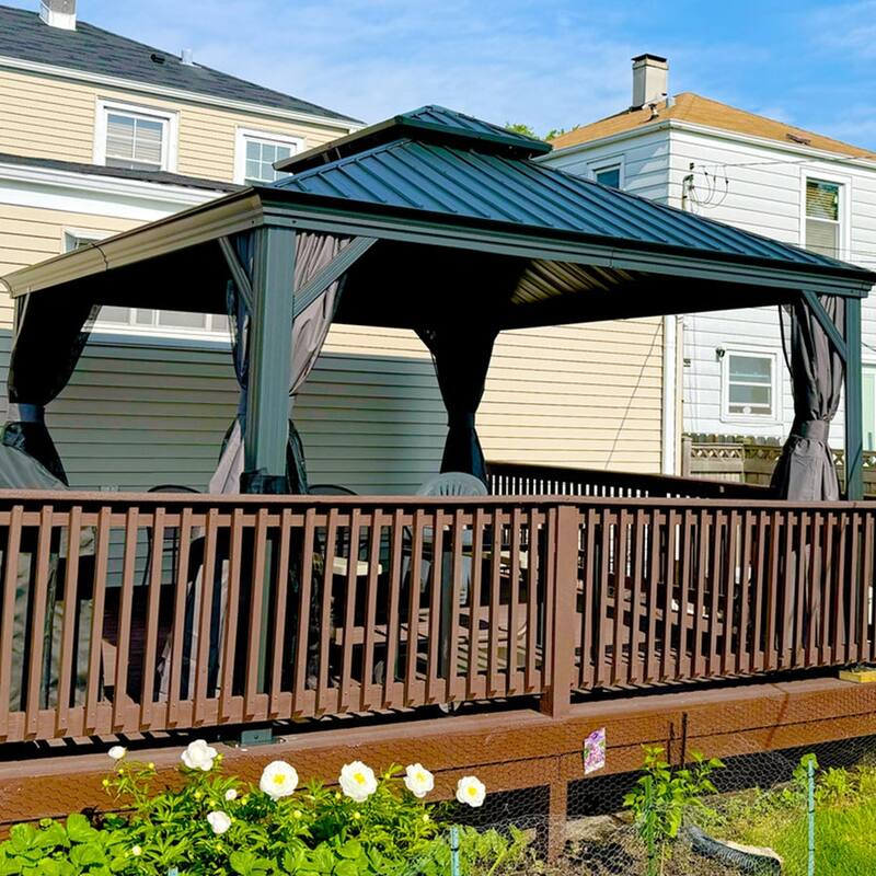 PURPLE LEAF Outdoor Galvanized Steel Hardtop Gazebo, Aluminum Frame Gazebo With Curtains