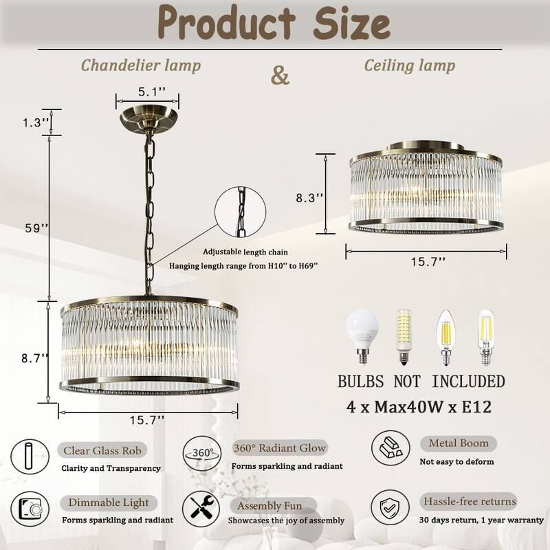 Modern Glam Antique Bronze / Matte Black 4-Light Glass Drum Chandelier Contemporary Hanging Light For Living Room Entryway