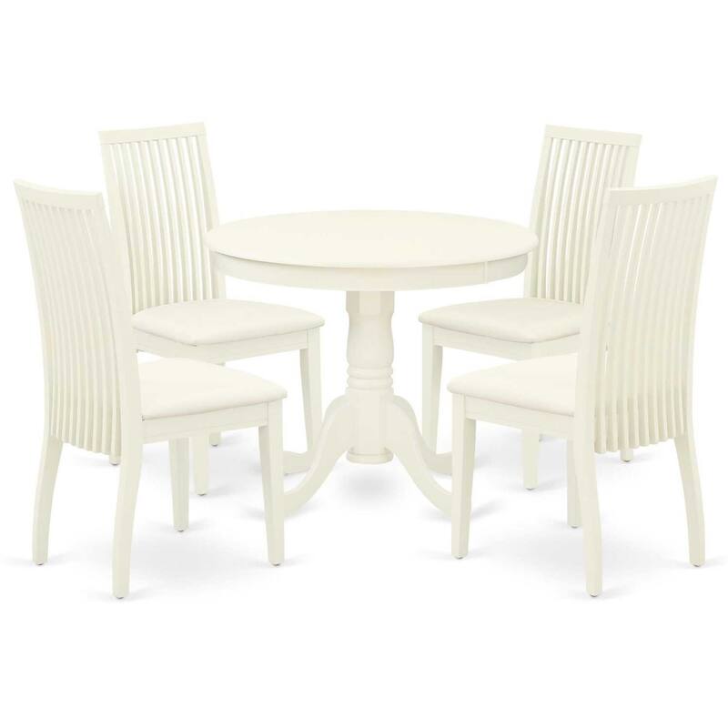 HomeStock 5-Piece Round Linen White Finish Solid Wood Top Dining table with 4 Chairs with Lattice Back