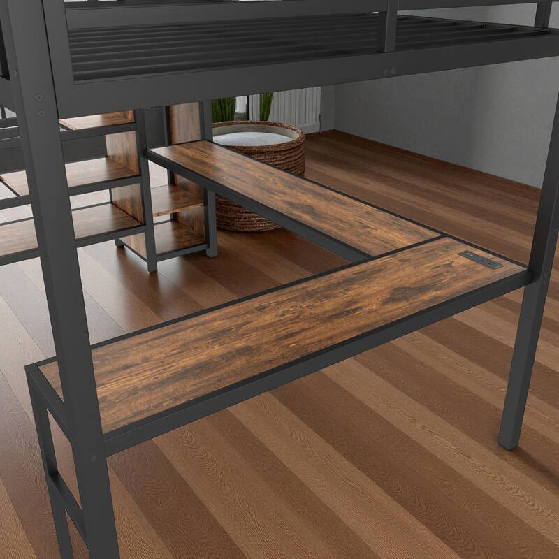 Queen Size Metal Loft Bed with Wardrobe, L-Shaped Desk, USB Ports, LED Lights, and Adjustable Shelves