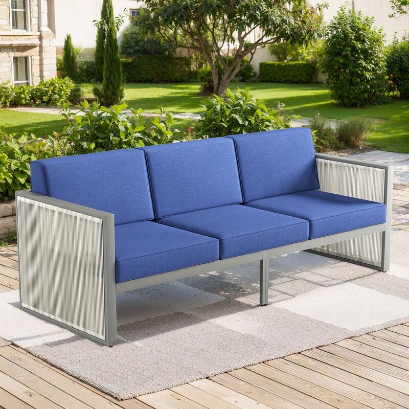 3 Seats Patio Sofa All Weather Wicker Patio Couch - Light Grey - Blue