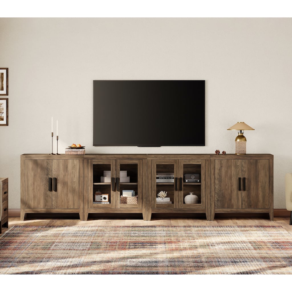 WAMPAT Large Farmhouse TV Stand with Glass Door & Cabinet Storage, Rustic Media Console for up to 110-inch TVs