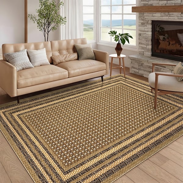 slide 2 of 44, Area Rugs for Living Room Bedroom Farmhouse Bordered Braided Print Rug Geometric Soft Low Pile Non-Slip Area Rug 10'x13' - Brown