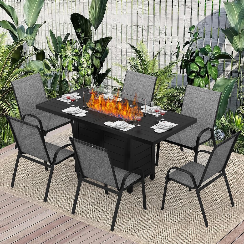 5/7 Pieces Patio Dining Set with Stackable Chairs & Rectangle Fire Table for 4/6 Person, Outdoor Firepit Dining Set