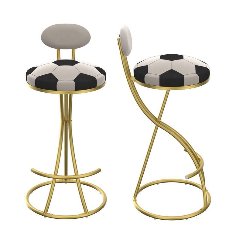 Football Print Bar Stools Set of 2 Upholstered Counter Height Barstool for Kitchen Island S-shaped Velvet Metal Dining Chairs