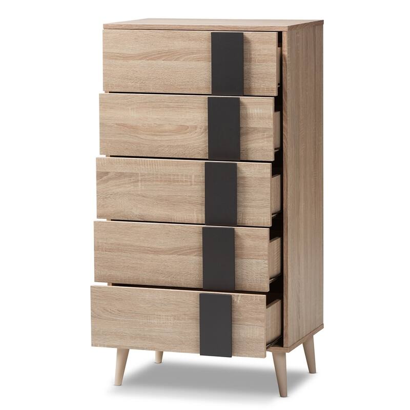 Lisen Mid-Century Modern Light Oak and Grey 5-Drawer Chest