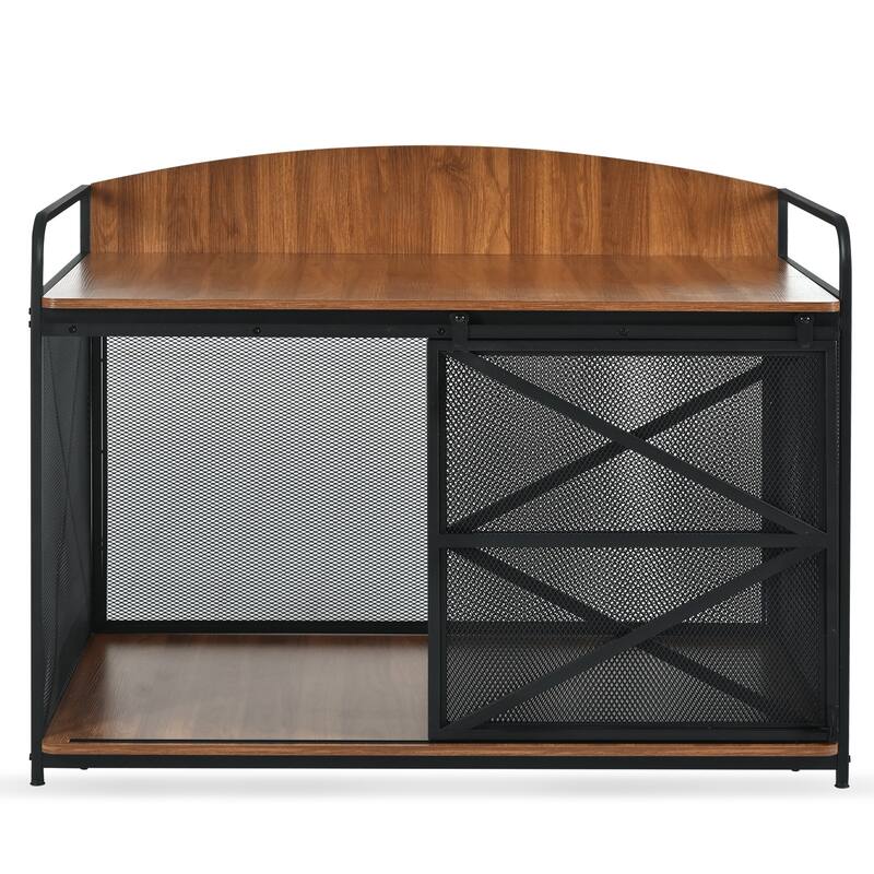 Wood Large Dog Crate Furniture with Curved Back Panel and Sliding Door, Dog Kennel Indoor End Table, Decorative Pet House