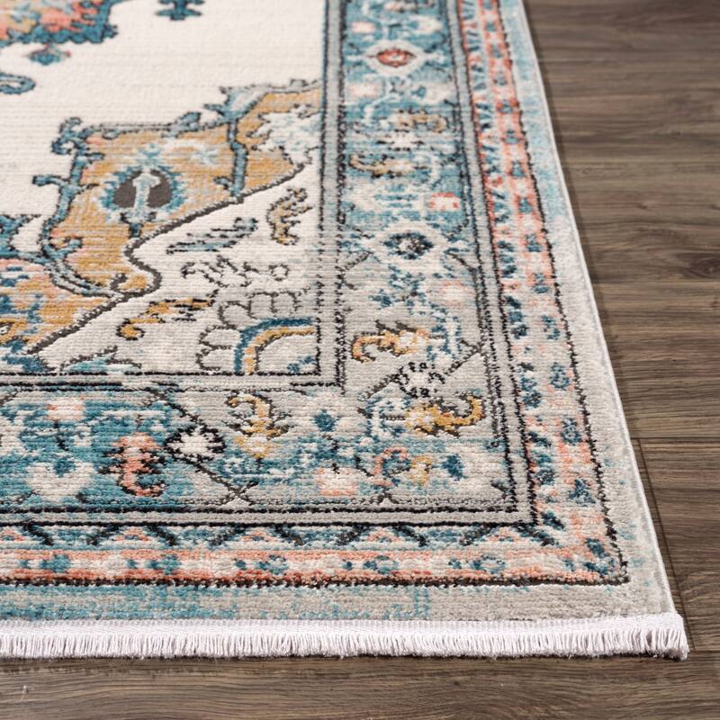 Traditional Persian Bordered Ikat Turquoise Ivory Orange Area Rug