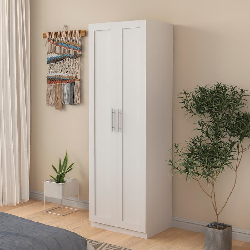 Wood Wardrobe Storage Cabinet with 2 Doors for Bedroom - White