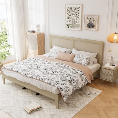 Eudoca Mid-Century Wood Bed Frame with Rattan Headboard BED by Christopher Knight Home