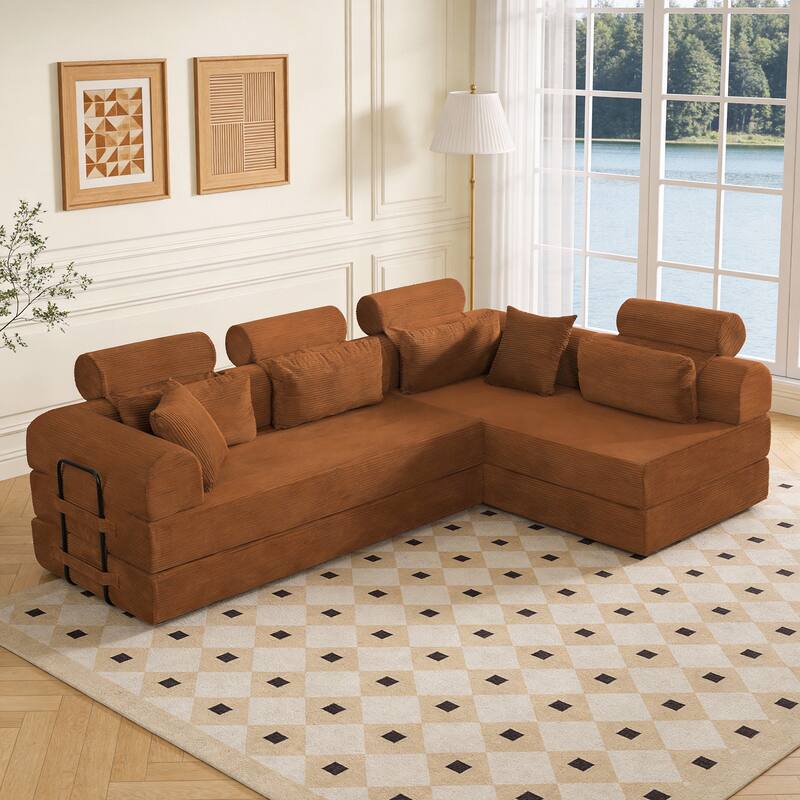 Oversized Convertible Sleeper Sofa Bed, L Shape Modular Sectional Cloud Sofa with Fixed-Shape Frame, Boneless Couch with Pillow - Orange