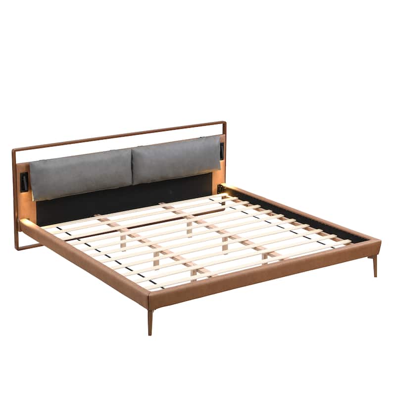 Brown&Gray Leather King Bed with 2pcs Night Lights