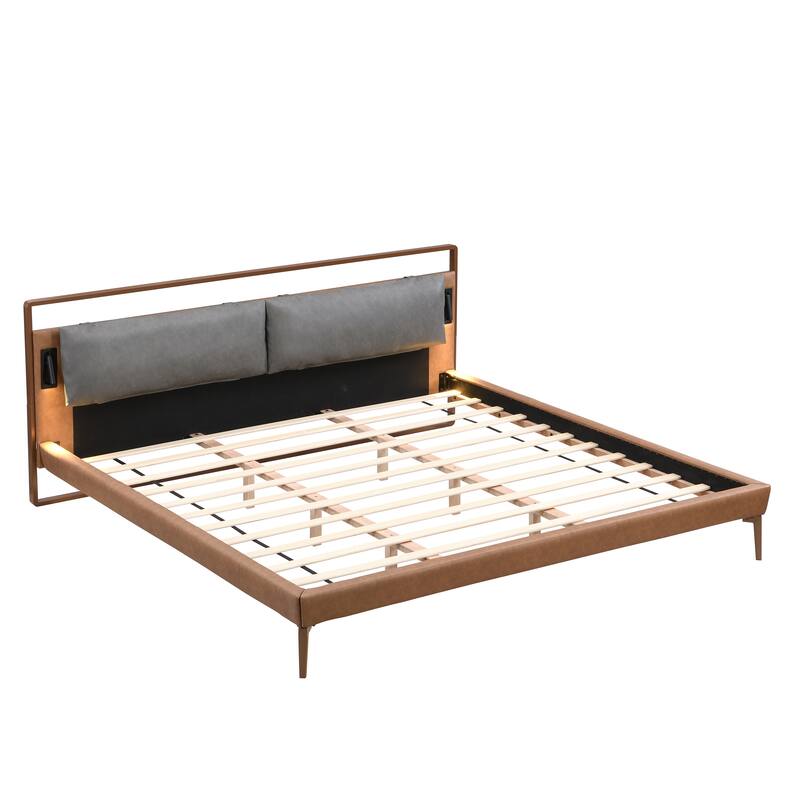 King Size Leather Bed with LED Night Lights and Ergonomic Headboard