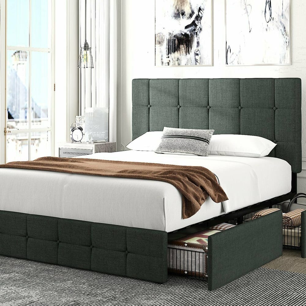 Queen Size Platform Bed Frame with 4 Storage Drawers, Dark Grey