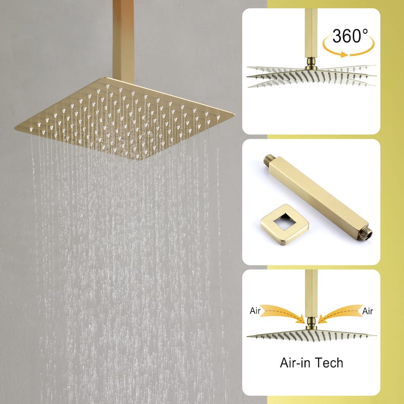 CASAINC 10 in. Ceiling Mount Shower Faucet with 360° Swivel in Brushed Gold