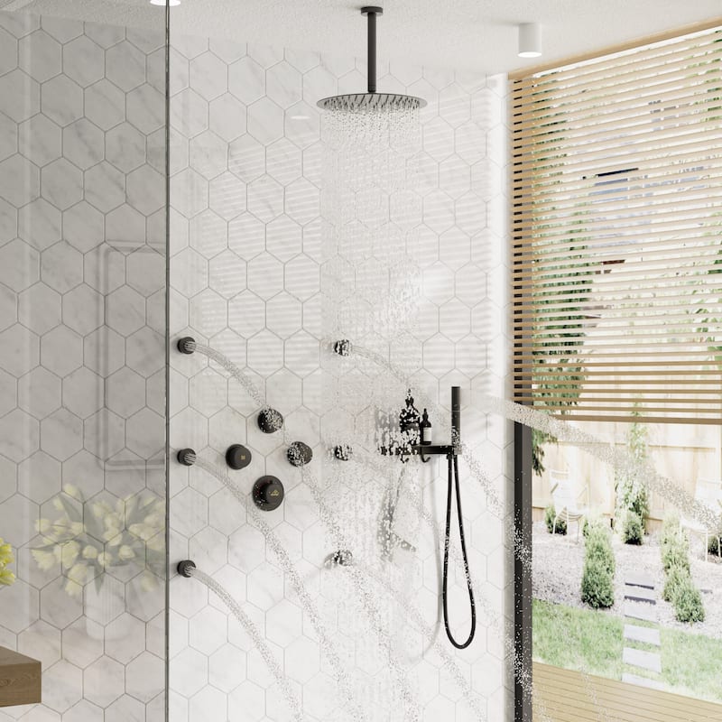 CASAINC Thermostatic 12 inch Rainfall Showerhead with Handheld Spray & 6 Body Jets Set(Can All Run Together) Rain Shower System