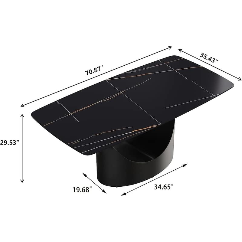 71" Black Marble Sintered Stone Table Top,Rectangle Dining Room Table with Unique U-Shape Black Carbon Steel Pedestal