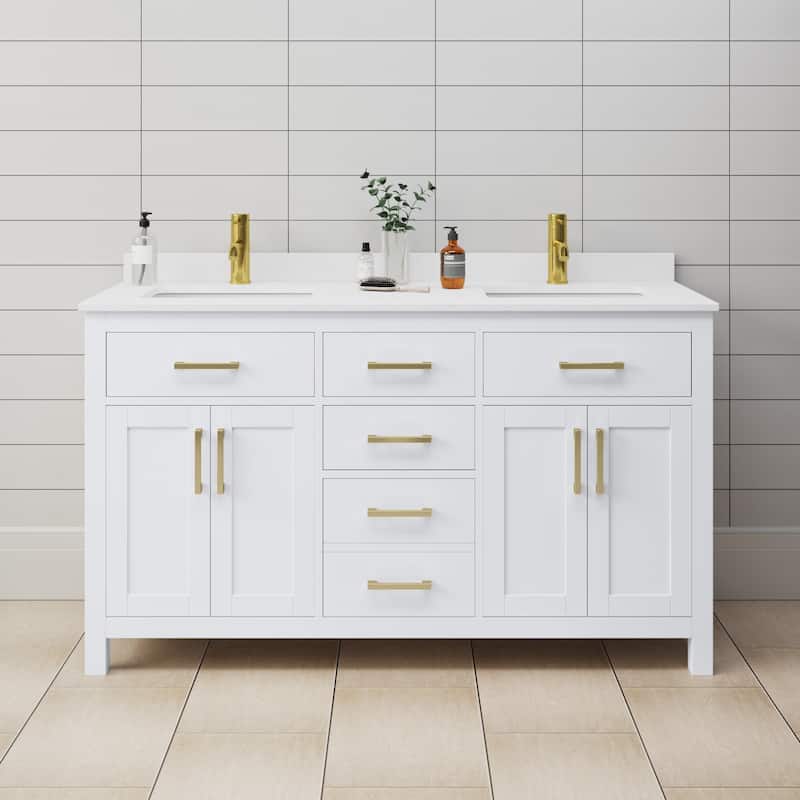 Wyndham Collection Beckett 60" Free Standing Double Basin Vanity Set - White / White Cultured Marble Top / Brushed Gold
