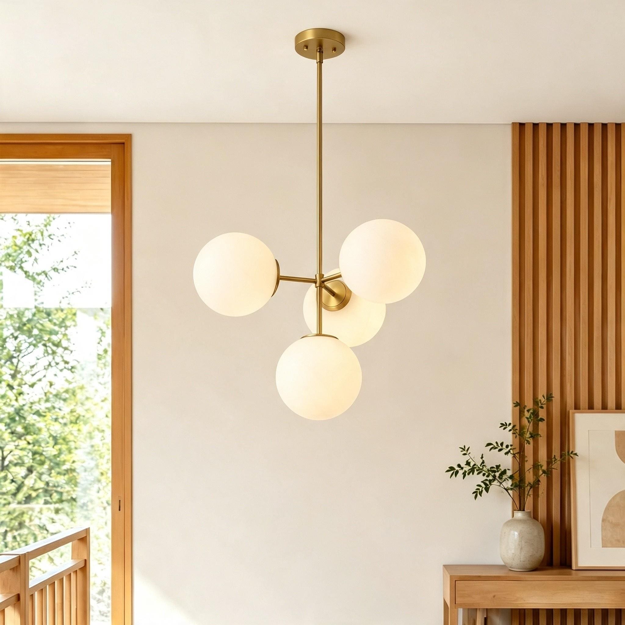 Rennnsan 4-Light Modern Globe Glass Pendant Light with Brushed Gold Finish for Dining Room - 24.4" W x 17.3" H