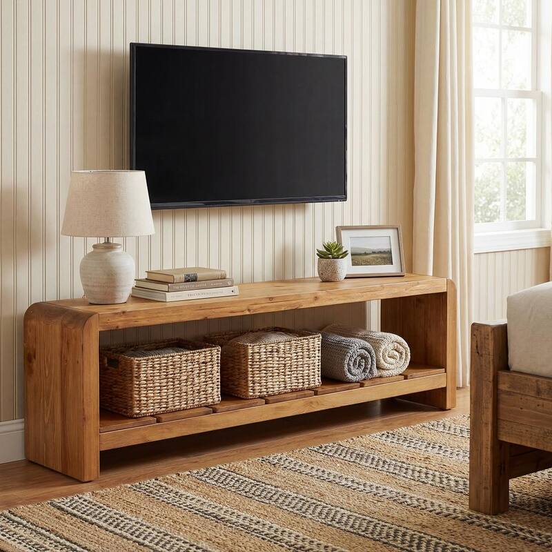 59" TV Stand for 55/60/65-Inch TVs, Solid Wood TV Console with Storage Shelf