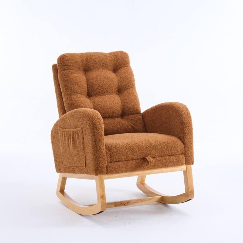 Accent Rocking Chair with Footrest & Storage Pocket, High-Back Rocker, Rubber Wood Lounge Chair