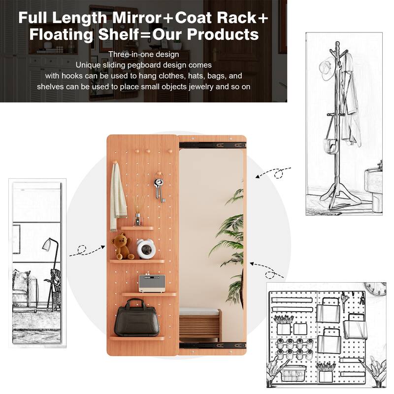 Wall Mounted Full Length Mirror, Full Body Mirror with Shelf, Mirror with Hook Wall Mounted Mirror with Multifunctional Design