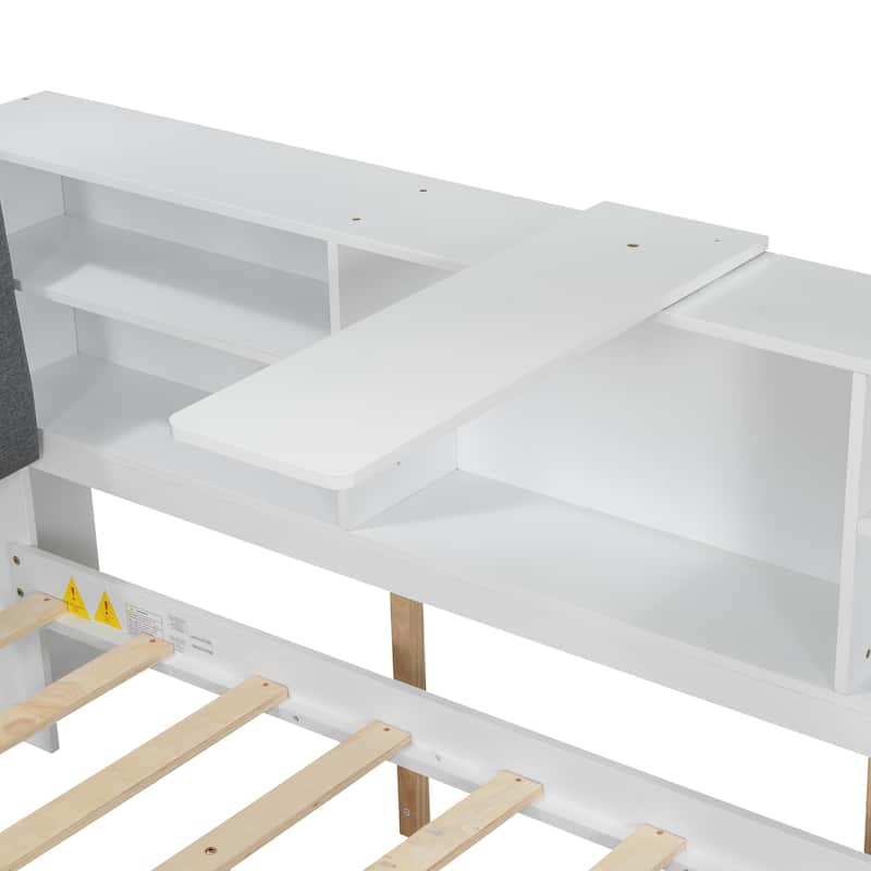 Wood Full Size Platform Bed, Storage Daybed Frame with Trundle, Shelves & Storage Upholstered Headboard, L Shaped Full Floor-Bed