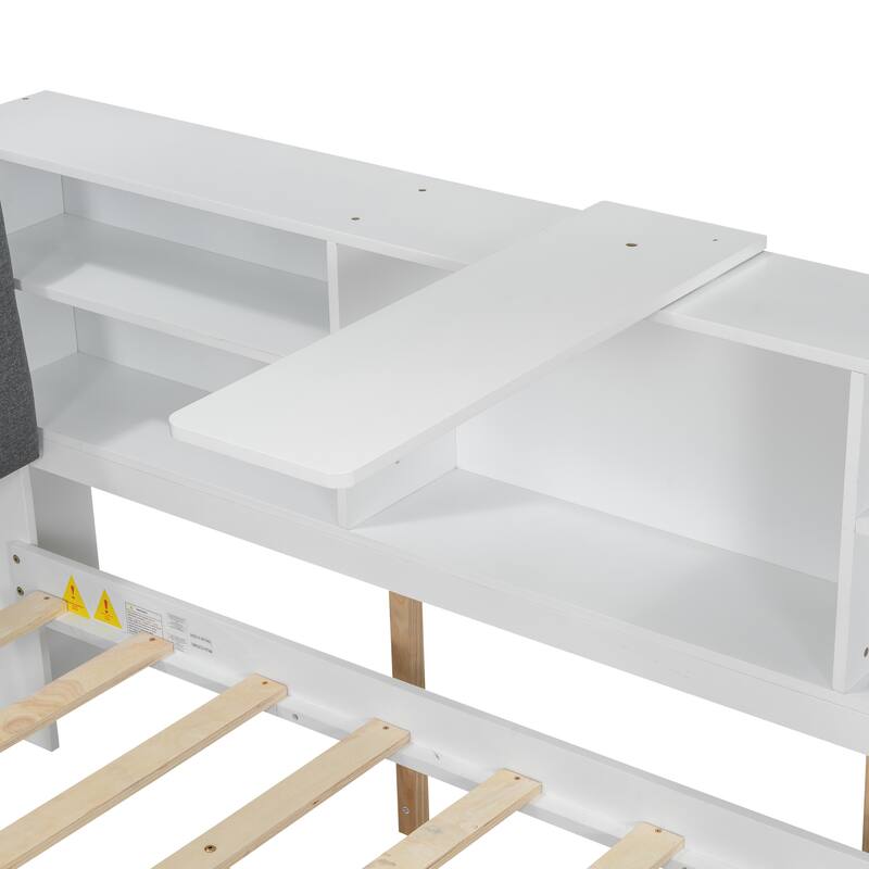 Wooden Storage Daybed Frame, Modern Platform Bed with Trundle & Upholstered Headboard & Shelves, No Box Spring Needed