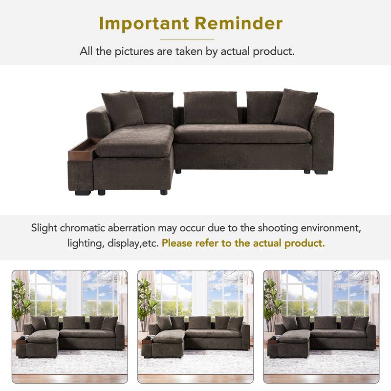 Chenille Sectional Sofa L-shaped Sofa with Wooden Storage Compartment, Tufted Couch Upholstered Sofa Couch with Pillows