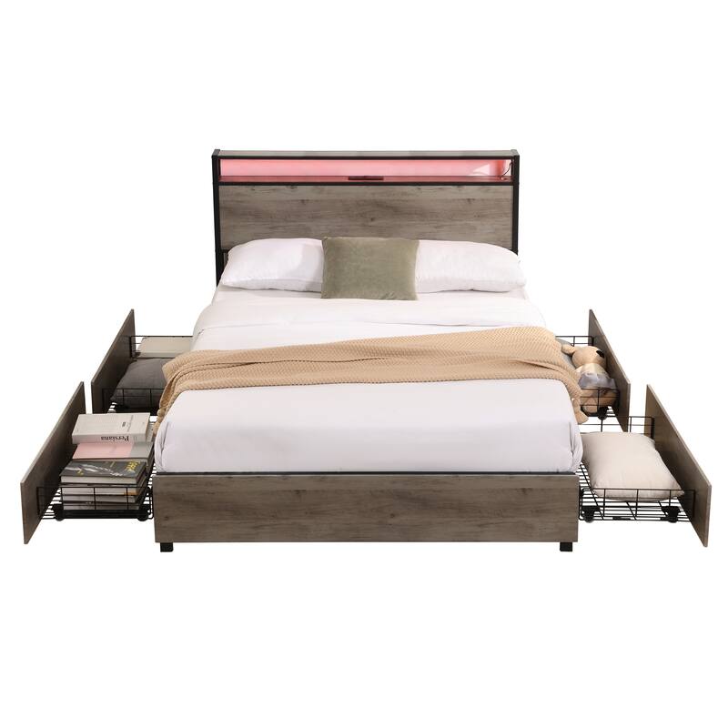Smart Platform Bed Frame with Storage Drawers, LED Lights and Charging Station Headboard, No Box Spring Needed