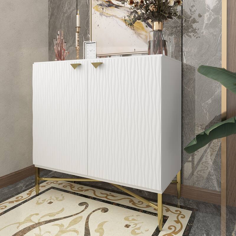 Accent Cabinet with Raised Diamond Pattern, Storage Cabinet with Brass X-Tapered Legs, Buffet with Adjustable Shelves