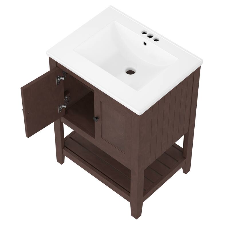 Bathroom Vanity Floor Storage Cabinet with Drop-In Sink and Open Shelf