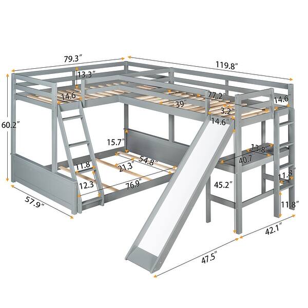 dimension image slide 1 of 2, Twin over Full Bunk Bed with Desk and Slide,Full-Length Guardrail Twin Size Loft Bed.