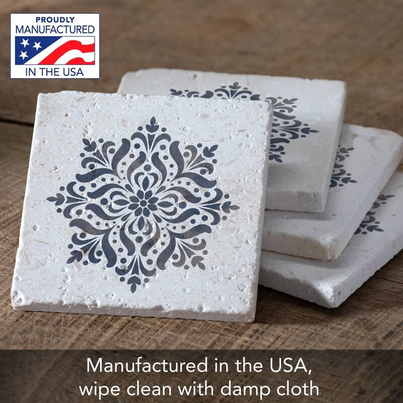 Blue Medallion 4 Pack Natural Shell Stone Absorbent Coasters with Protective Cork Backing Manufactured in The USA