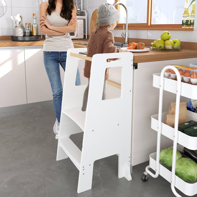 Kids Standing Tower, Child Kitchen Step Stool Toddler Wood Stepping Stool - Children's Montessori Stool - Adjustable Height - White